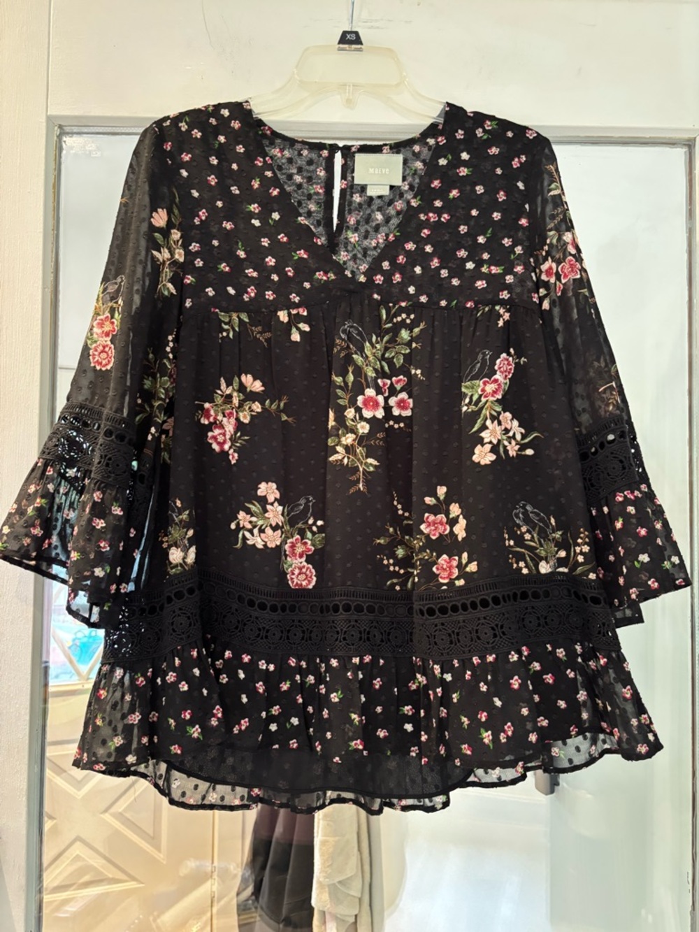 Anthropologie Black Floral Crochet-Trim Peasant Tunic